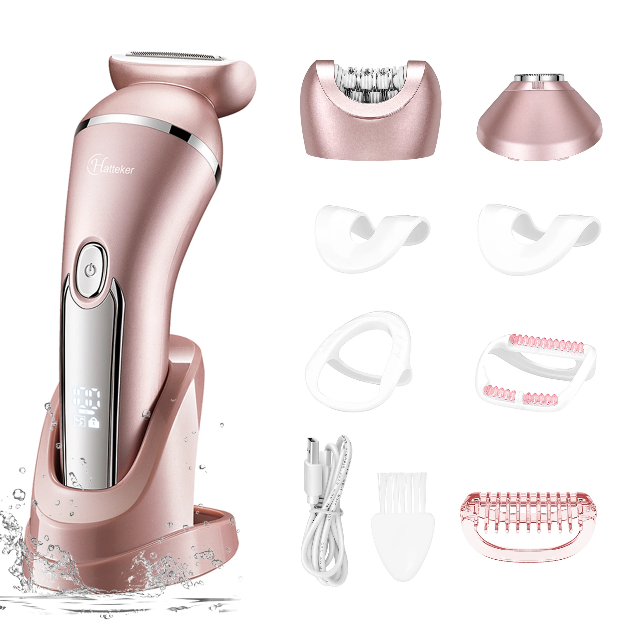 Hatteker 3-in-1 Elektrisches Epiliergerät-Set für Frauen IPX7 Wasserdicht USB-Aufladbar Ganzkörper-Haarentferner mit LED-Anzeige