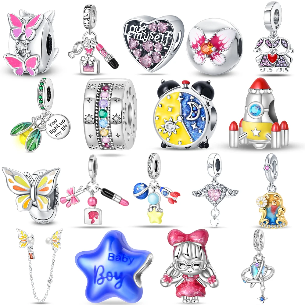 Silver Plated Original 925 Bag Charms, Butterfly  Alarm Clock Space Planet Beads Fit Original Bracelets Jewelry Gifts for Women