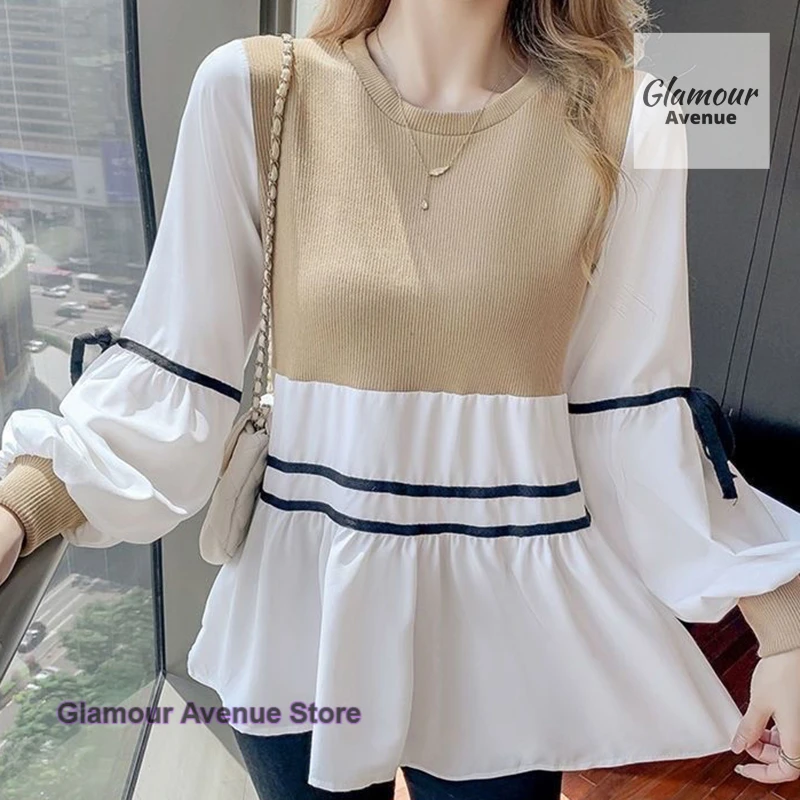 Camisa de manga larga con cordones a rayas blancas y negras de estilo coreano para mujer primavera y otoño nueva moda temperamento costura top