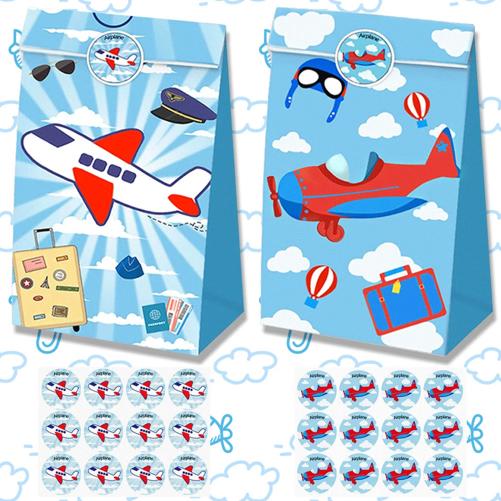 12/24PCS Airplane Party Favors Candy Bags with Stickers Goodie Gift Treat Bags Kids Pilot Airplane Theme Birthday Party Supplies