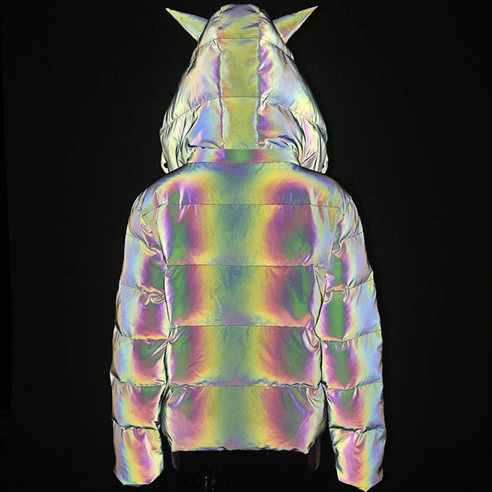 Women Reflective Hooded Parkas Down Bubble Coat Puffle Jackets Cool Bling Luminous Cute Hooded Down Jacket Thick Warm Outcoats