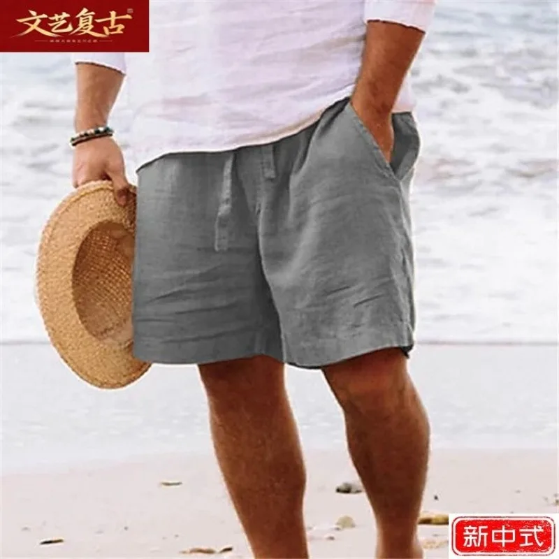 

Summer Lightweight Breathable Pure Cotton Shorts with Elastic Drawstring Beach Casual Loose Fit Men's 5-inch Shorts