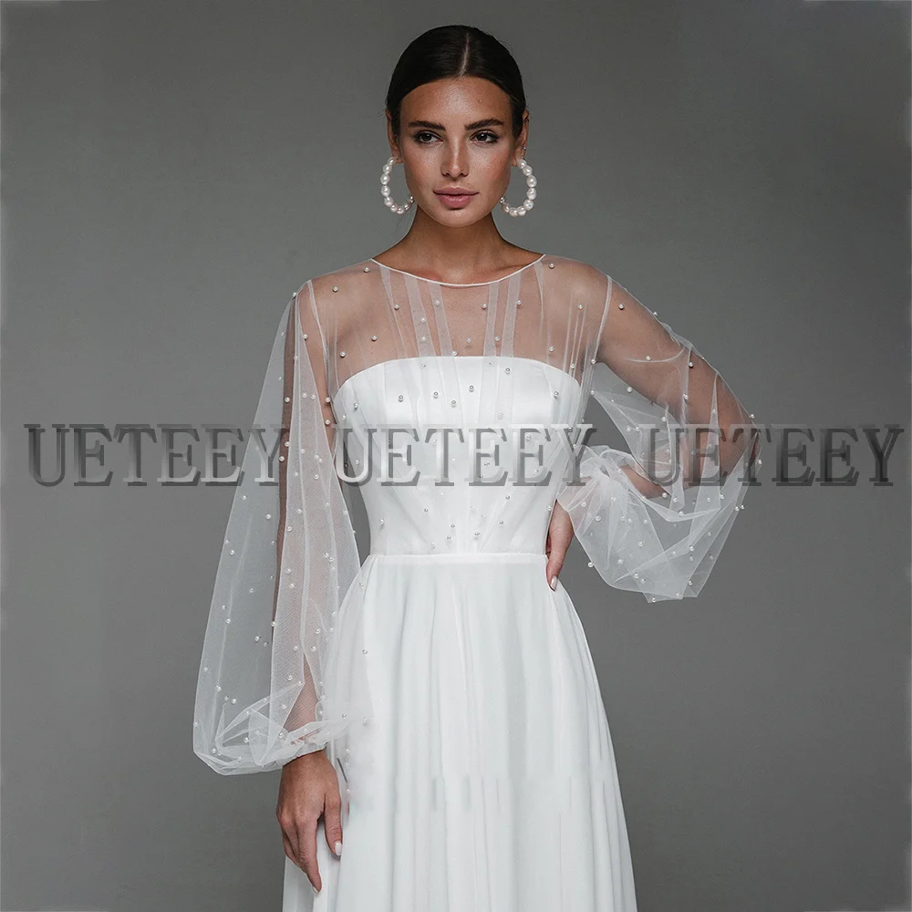 Customized Modern Wedding Dresses Puffy Tulle Sleeves With Pearls Chiffon A-Line Bride Gowns Wedding Party Gown Side Slit