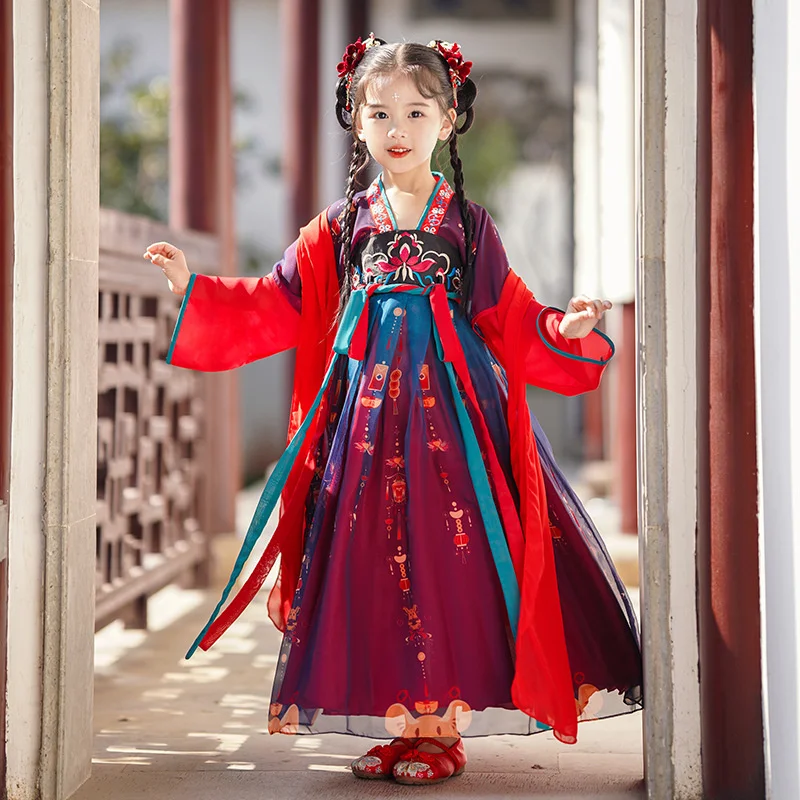 Dress Girl Hanfu Spring Autumn Tang Suit2023 New V-Neck Long Sleeve Patchwork Embroidery Fashion Princess Children'S Dresses