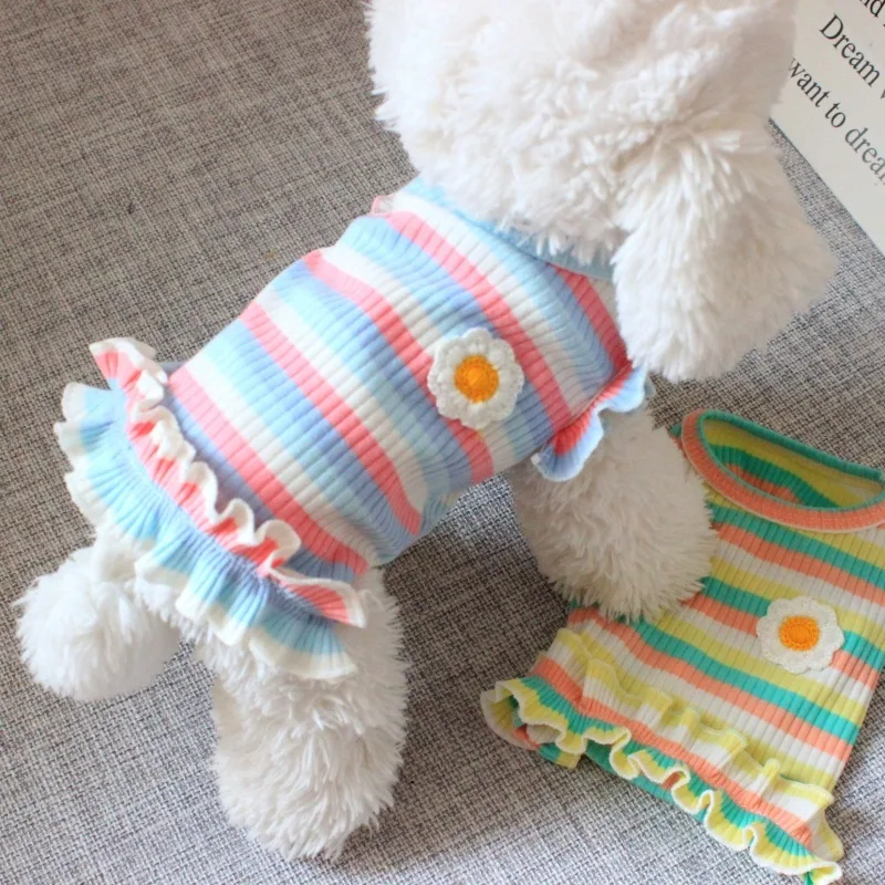 Kleines Hundekleid, niedliche Katzenkleidung, Regenbogenstreifen, Blumendekor, Sommer, kühlend, Frühling, weiche Haustierweste, Kleid für kleine Hunde und Katzen