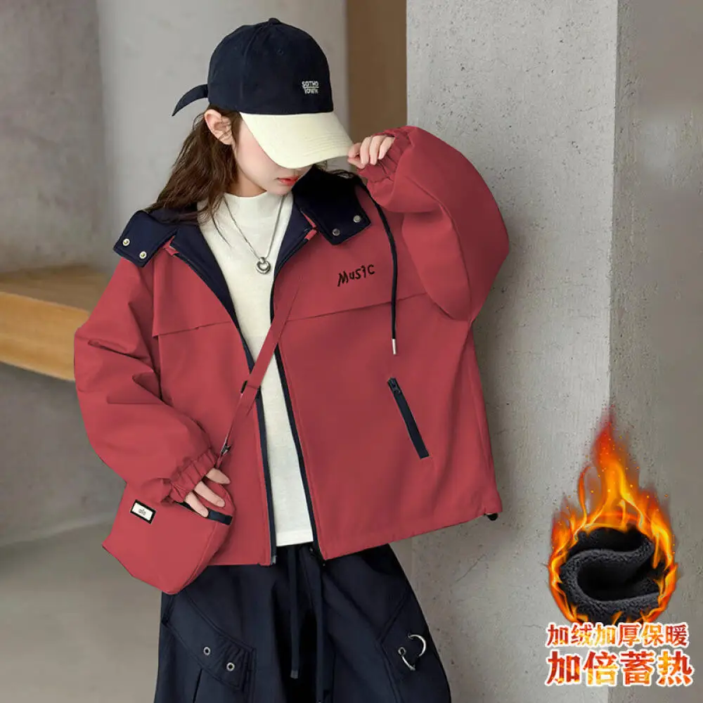 

Kawaii модные теплые уличные куртки с капюшоном для девочек, пальто для студентов, осенне-зимние повседневные утепленные топы с героями мультфильмов, детская одежда