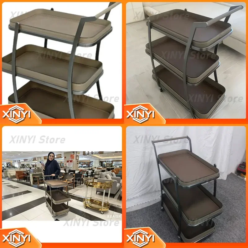 Designer Italian Minimalist Trolley Storage Table for Restaurant Light Luxury Creative Mobile Saddle Leather Three-Layer Edge