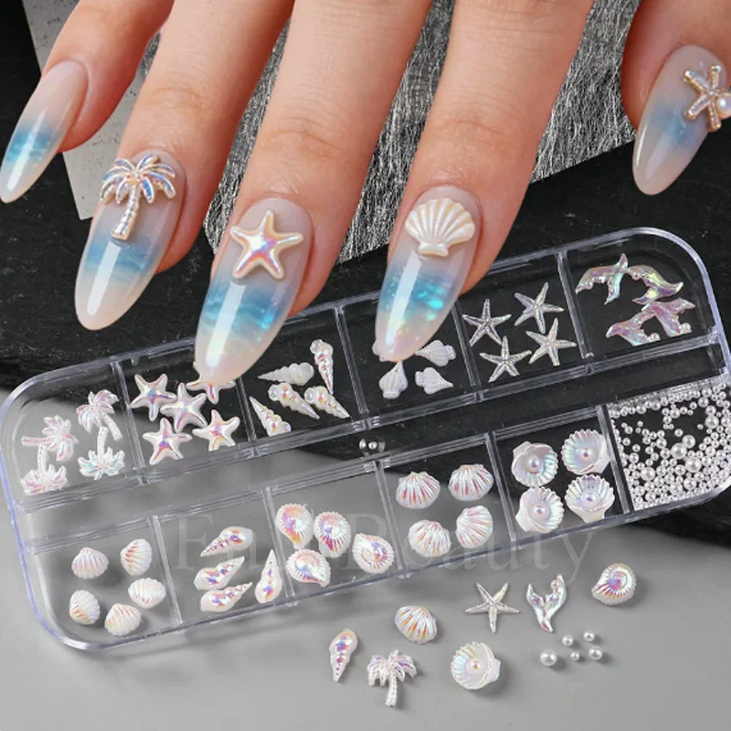 1Box New Ocean Style Aurora Shell Conch Nail Art Charms 3D Stereoscopic Starfish Coconut Tree Pearl Mixed Nail DIY Accessories