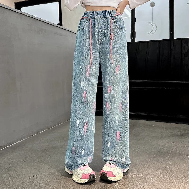 Girls Sweet Jeans with Spray Painted Graffiti Design 2024 New Fashion Denim Wide Leg Pants Spring Fall Teen School Trousers