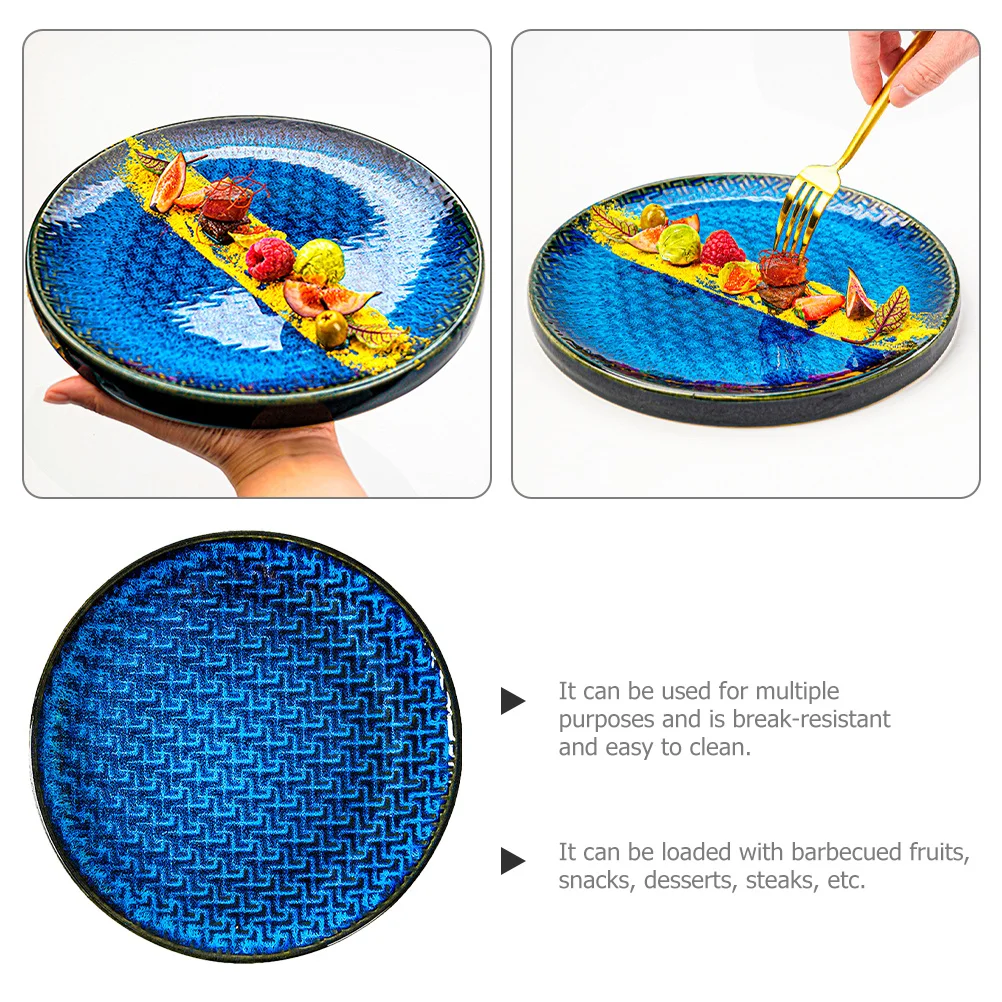 

Retro Kiln Blue Ceramic Round Plate Wear-Resistant Japanese Style Food Dish Steak Sushi Plate Japanese Plates Ceramic Plates