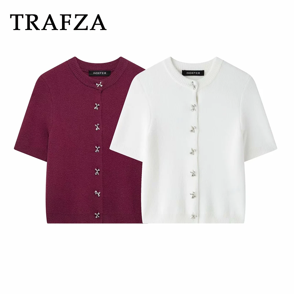 TRAFZA Chic Solid Winered Casual Women Knitwear Fashion 2024 Streetwear Half Sleeve O Neck Vintage Sheath Bow Buttonh Sweater