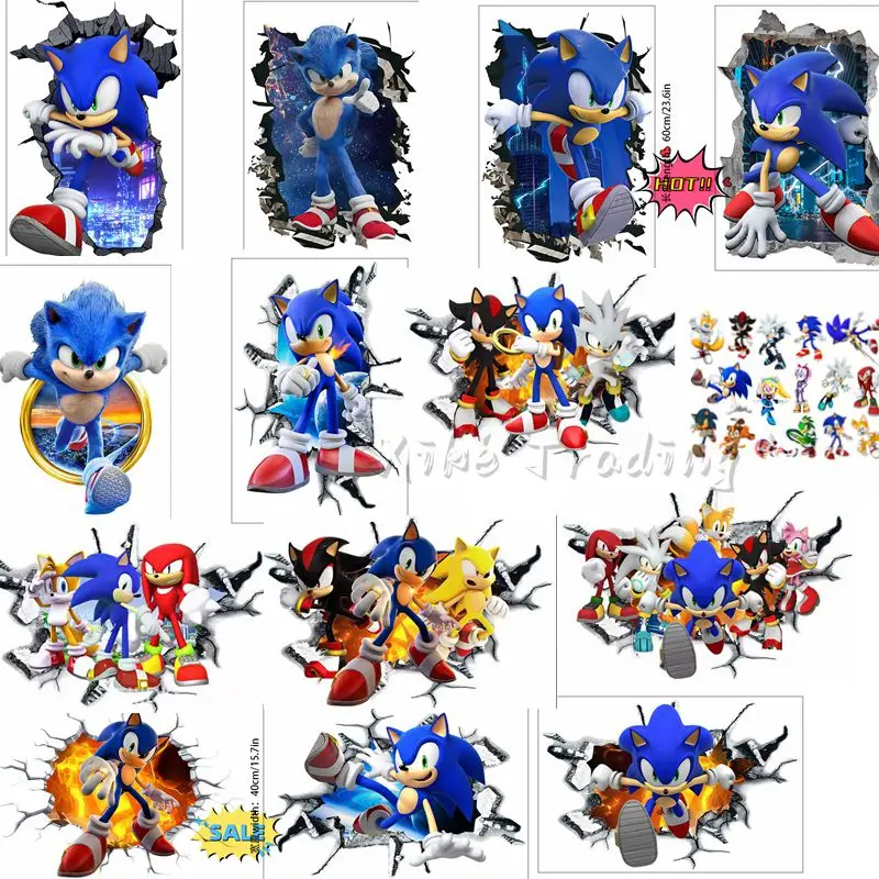 Pegatinas 3D de Anime Sonic de Hedgehog Tails Knuckles Amy Shadow Silver, Calcomanías de Pared de Dibujos Animados para Dormitorios Infantiles (PVC Autoadhesivo) Regalo