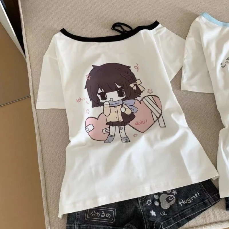 اليابانية لطيف الكرتون تي شيرت مطبوع المرأة عادية فضفاض Preppy Sytle تيز جديد Kawaii ثقافة فرعية Harajuku الحلو فتاة الملابس القمم