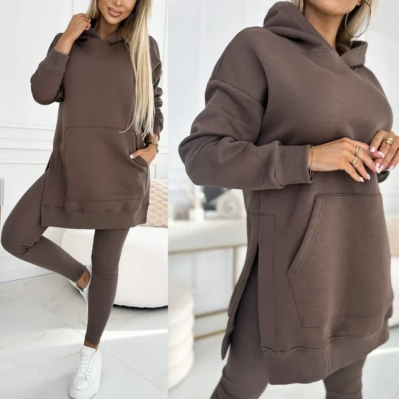 

Women 2pcs Clothes Set Autumn Winter Solid Color Sports Hooded Pockets Sweater Thickened & Slim Leggings Pants