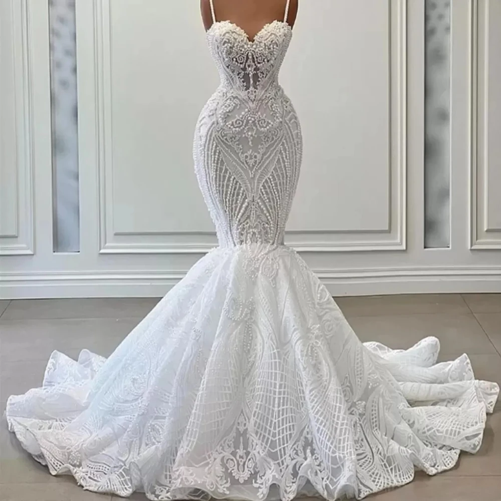 Luxury Pearls Appliques Mermaid Bridal Gown Spaghetti Straps Sweetheart Sheer Corset Bodice Lace Sweeptrain Train Wedding Dress