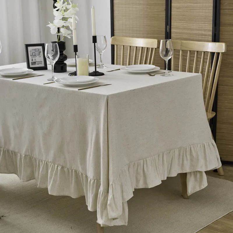 

French Cotton Linen Ruffled Edge Tablecloth Rectangular Soft Durable Table Cover for Dining Table Household Use Natural Color