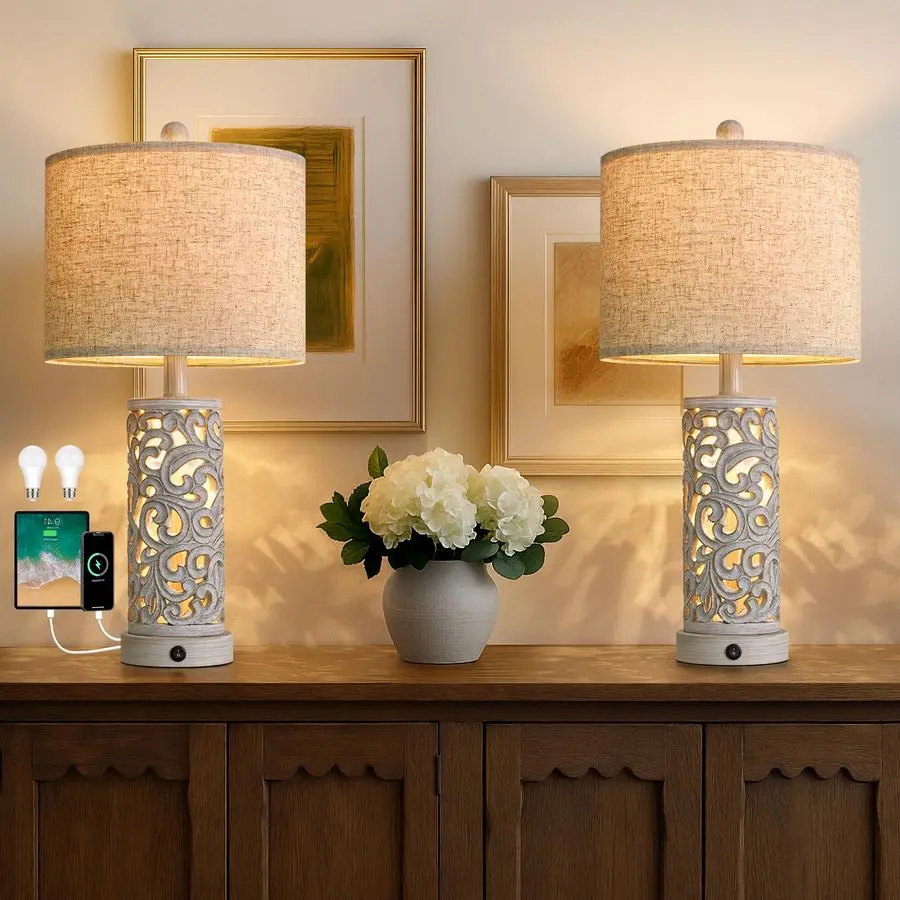 

22 Table Lamp Set of 2 for Living Room, Farmhouse Lamp for Bedroom, Vintage Bedside Lamps with Retro Design and USB Ports, Linen
