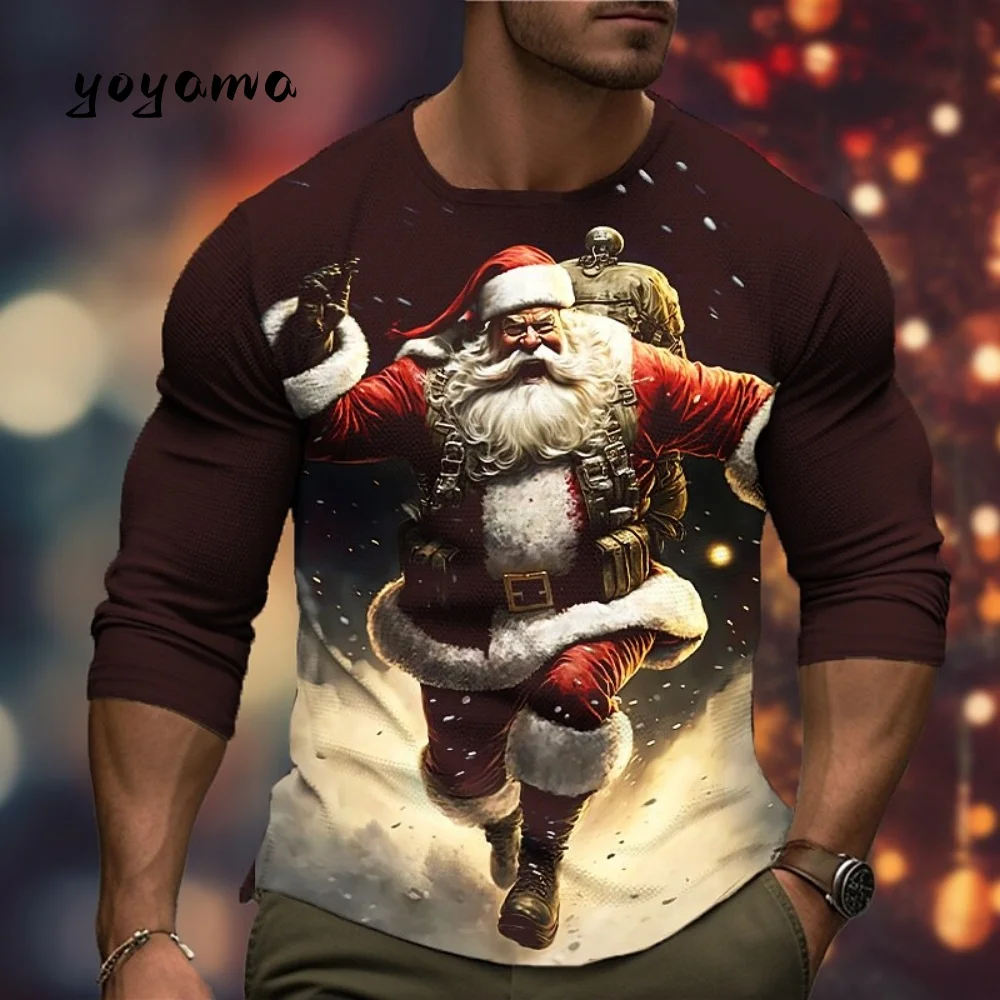 Men Long Sleeved T-Shirt 3D Print Santa Claus Pattern Autumn Christmas Theme Fashion Plus Size Men Clothing Loose O-Neck Men Top