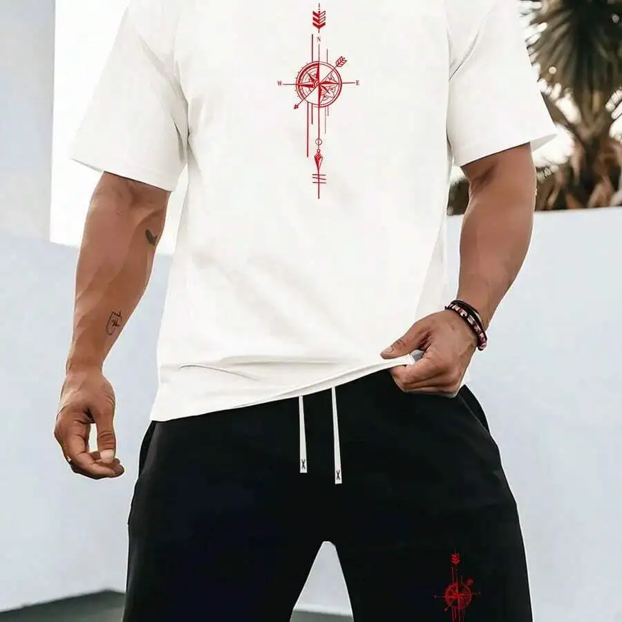 

Mens Summer Casual Two-Piece Set: Round Neck Short Sleeve T-Shirt And Elastic Waist Shorts With Compass Print