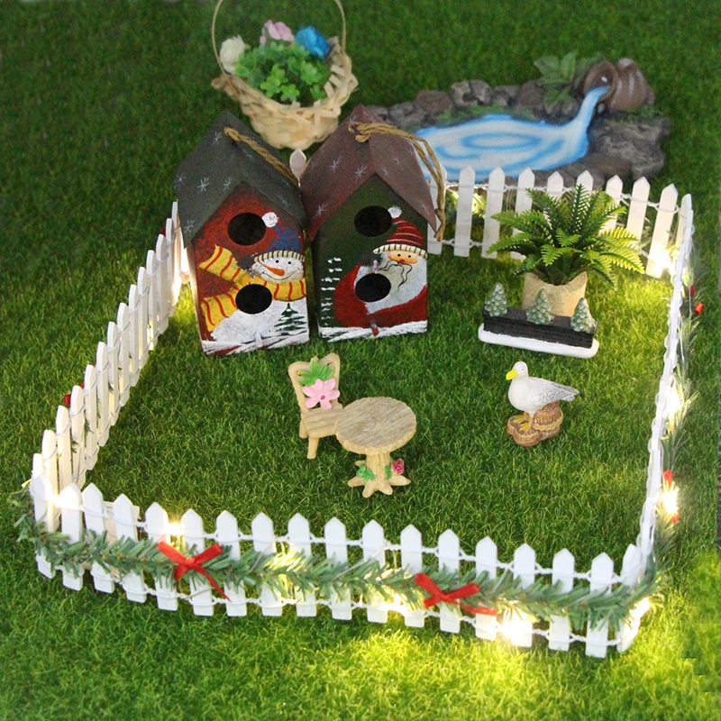 Dollhouse Miniature Fairy Garden Decor Mini Fence Christmas LED Light Rattan Wooden Fence Landscaping Prop