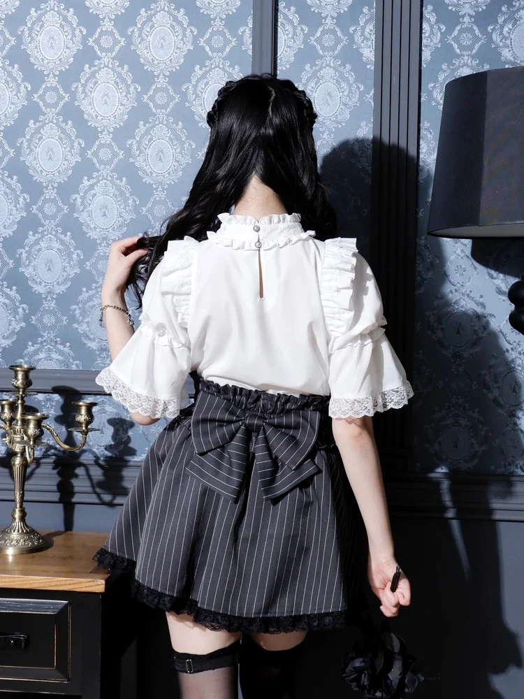 日本の鉱山スタイル量産ダークゴスブラウスレーススプライシング半袖リボンシングルブレスト甘い多用途シャツトップ女性