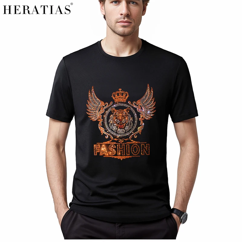 High-quality men's summer short-sleeved casual T-shirt hot drill tiger king pattern comfortable cotton loose T-shirt