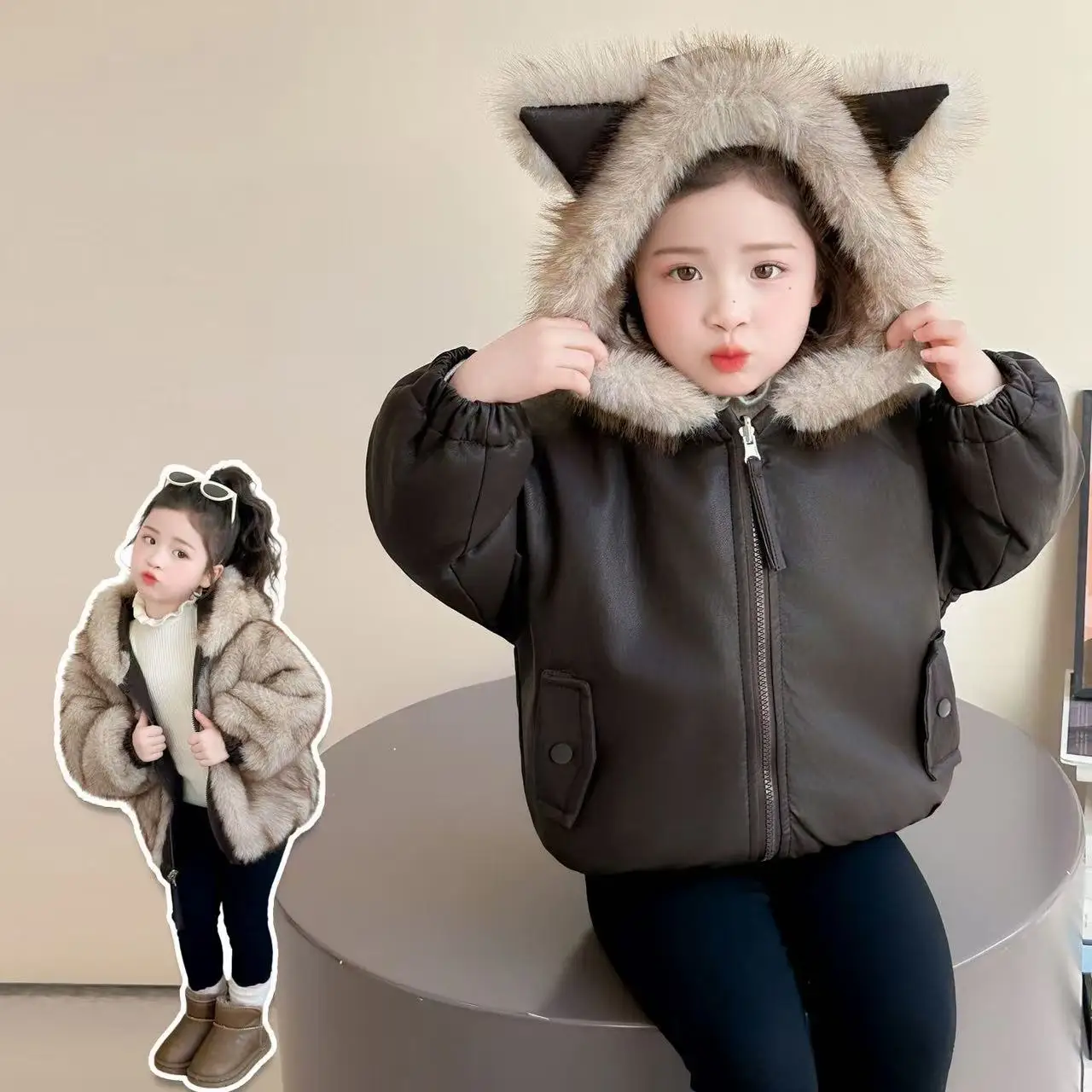 New Winter Girls Reversible Fleece Lined PU Leather Coat Stylish Warm Kids Outerwear for Baby Girls