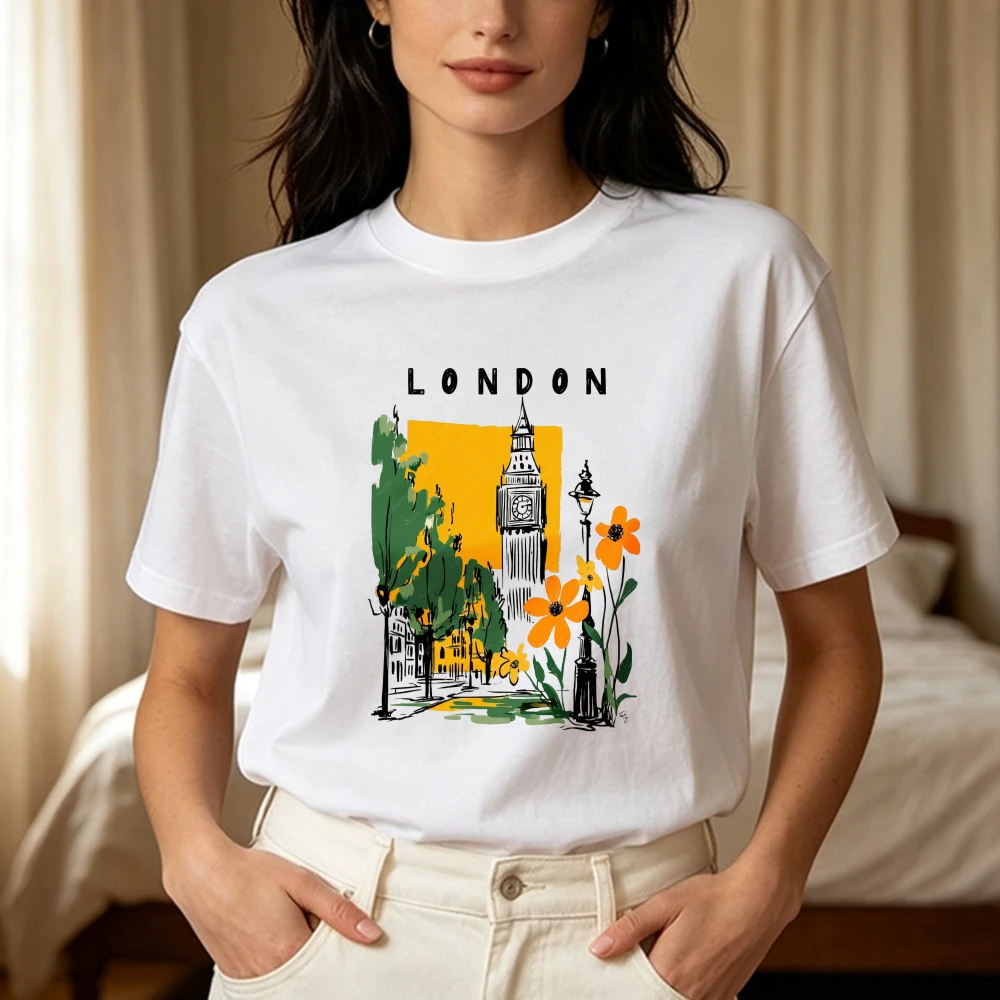 London Big Ben Floral Graphic Tee British Urban Landmark Simple Illustration Unisex Shirt Trendy Tourist Souvenir Cotton Tshirt