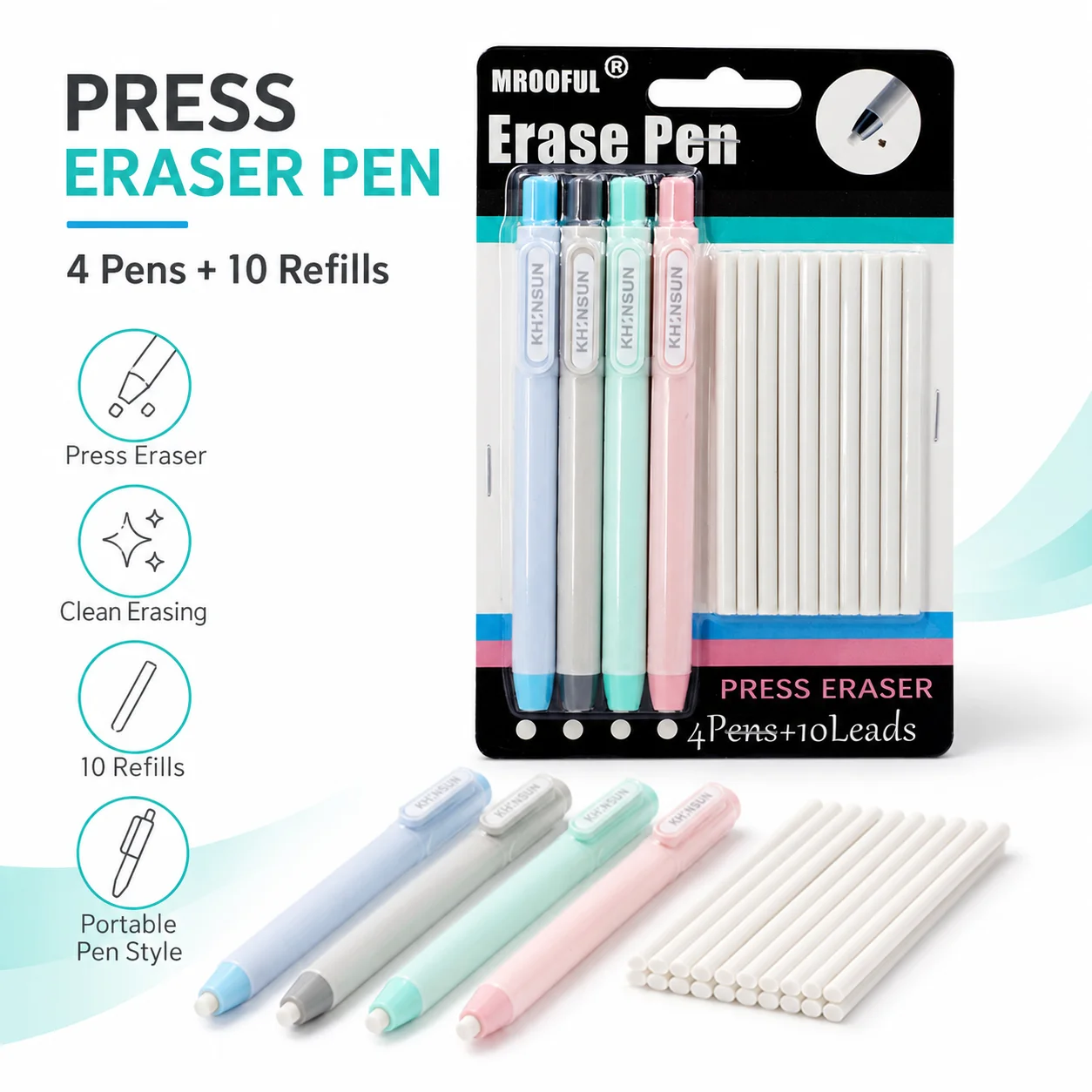 Cute Pens Shape Press Type Pencil Eraser with 10 Replaceable Core Sketching Painting Writing Erase Supplies Stationery Gifts