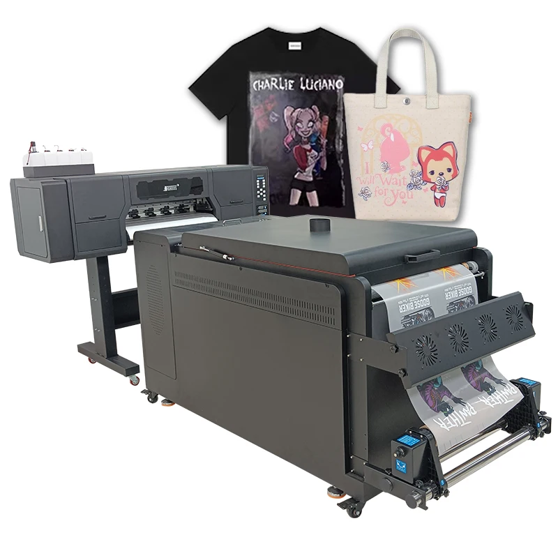 Four heads i3200a1 dtf printer with circulation powder sahker machine A1 size multicolor cmyk white application for t-shirt sock