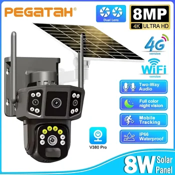 PEGATAH 무선 와이파이 태양광 CCTV IP 카메라, 4K 듀얼 렌즈, 4G SIM 태양광 카메라, 8MP HD 자동 추적, 야외 보안, V380 