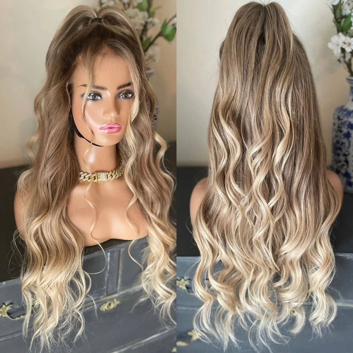 

New Style 26 Inches Loose Wave Ladies Wig Soft Ombre Light Blonde Natural Hairline Free Part Front Lace Wigs High Quality Hair