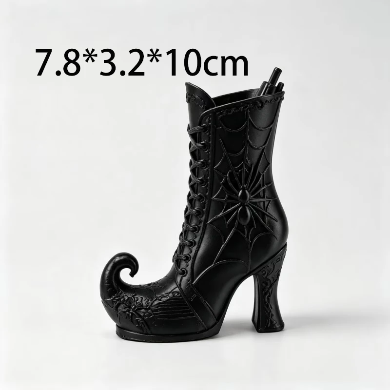 3D Printed Gothic Witch Boot Pen Holder Black Spider Web Desk Organizer Halloween Office Stationery Goth Study Table Ornament