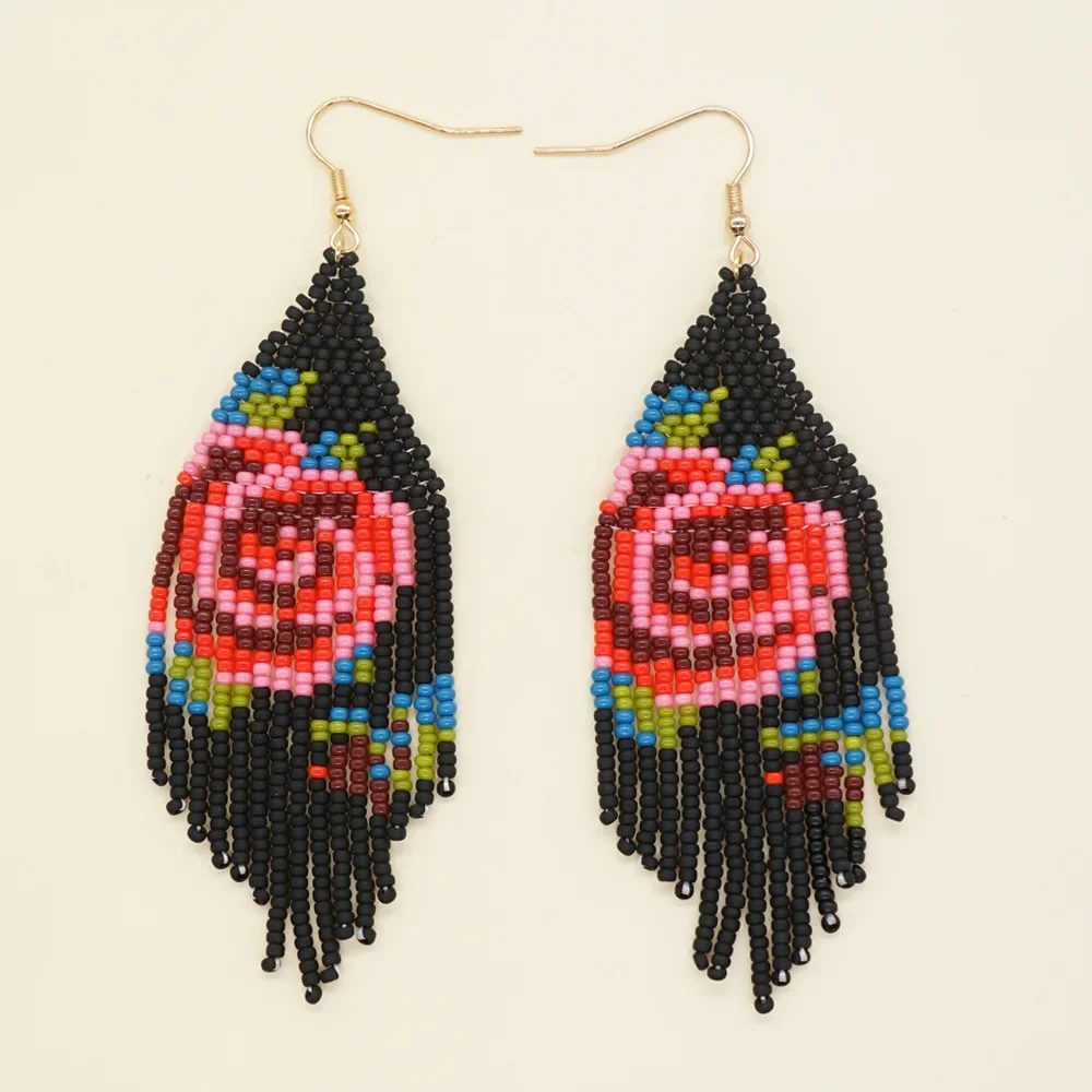 Rice Bead Earrings  Hand knitting  Beading  Bohemia  Big red flower  Simple  Fashion  geometry  alloy  ma'am  Fringe Earrings