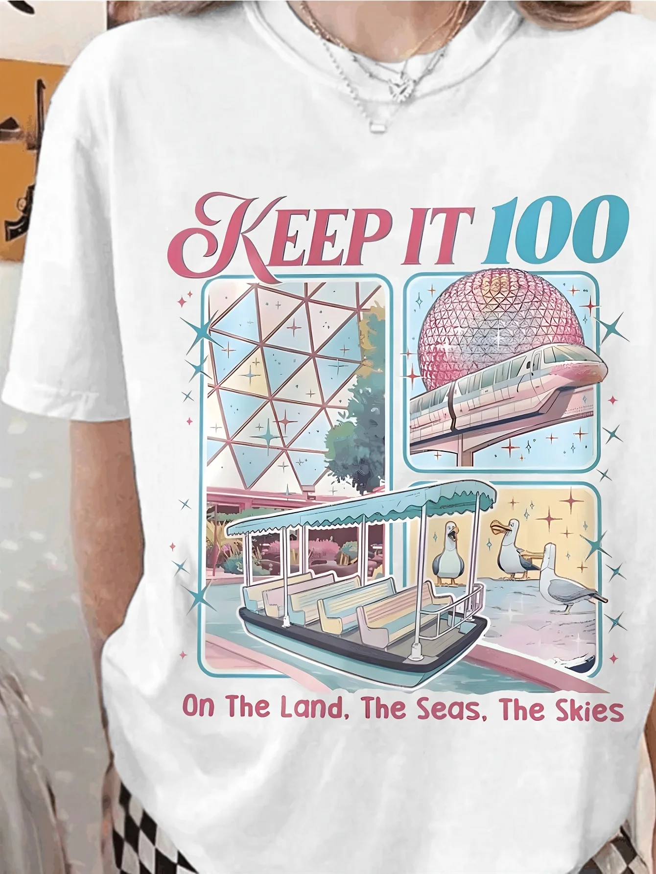 Retro Keep It 100 Graphic Tee Theme Park Epcot Style Short Sleeve Crewneck T-Shirt for Women Vintage Travel Aesthetic Summer Top