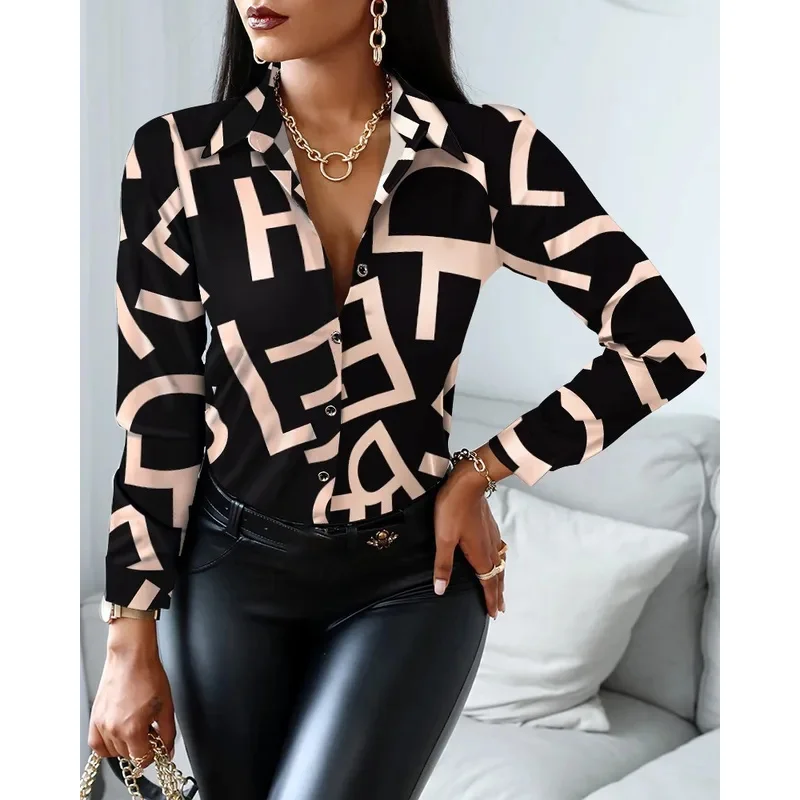 Mulheres casual escritório impresso camisa primavera e outono moda botão até camisa de manga comprida elegante emenda fino ajuste topo feminino