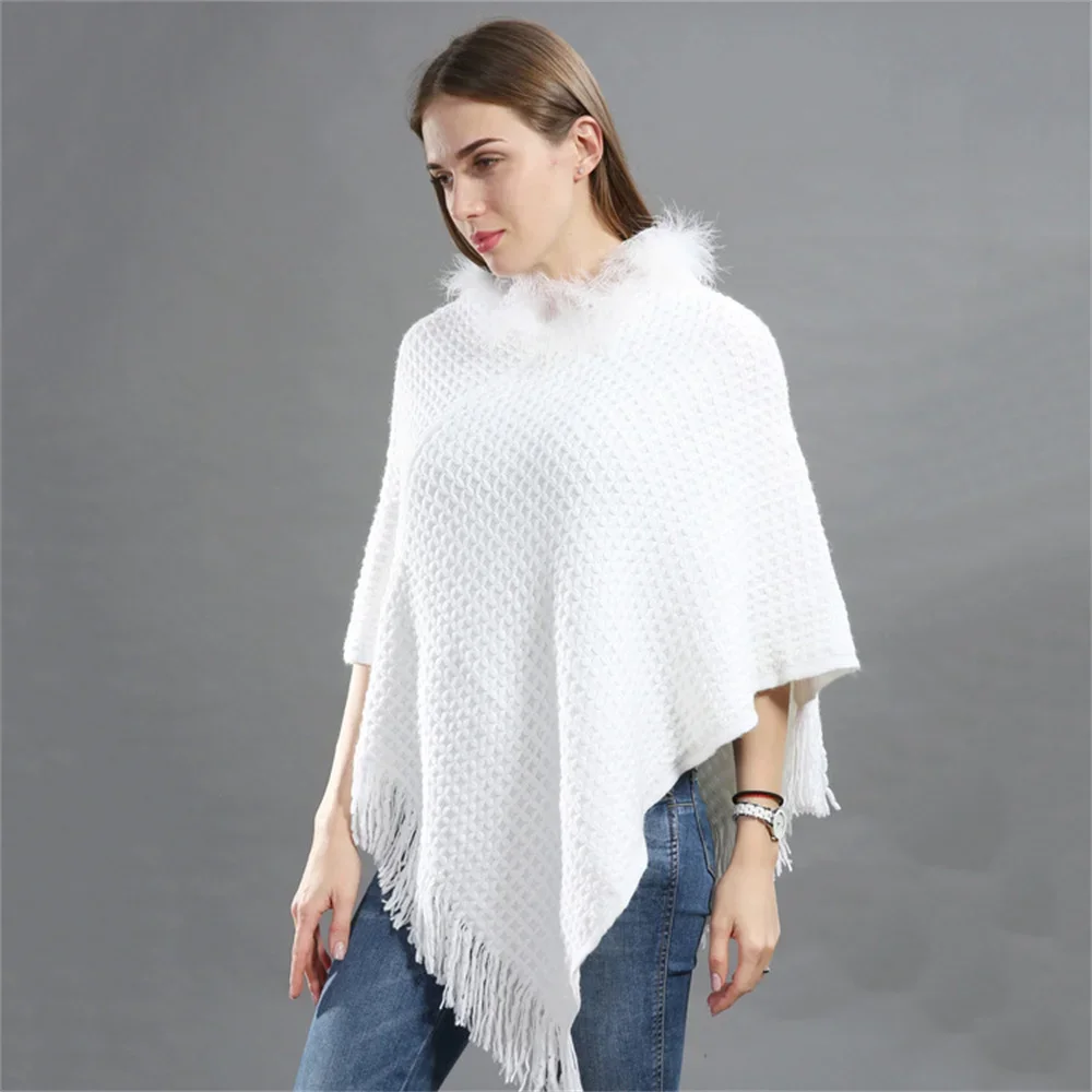 Autumn Winter Women Triangle Long Capes Poncho Tassel Knitwear Faux Fur O Neck Outstreet Pullover Loose Knitted Plaid Shawl