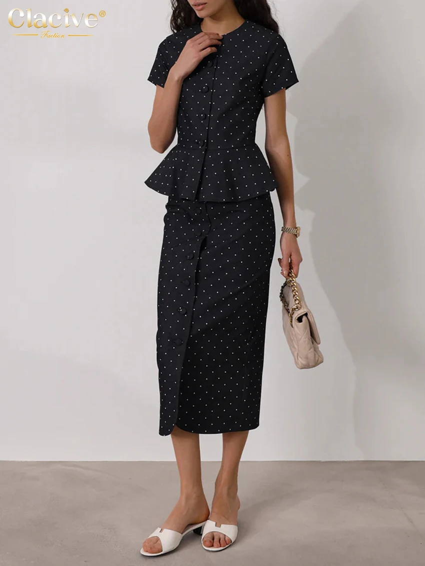 Clacive Summer Slim Print Skirts Set 2 Piece Woman 2025 Fashion Short Sleeve Shirt With High Waist Midi Skirt Set Streetwear image 4
