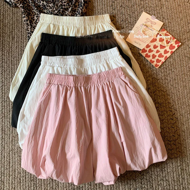 Kawaii Elastic High Waist Shorts For Women 2025 Summer New Casual Loose Basic Pink White Short Pants Y2K Korean Woman Clothing