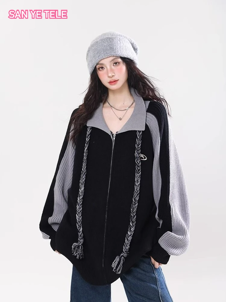 

American Contrasting Raglan Sleeves Sweater Jacket Women Ins Retro Loose Open Cardigan Autumn Winter Autumn Winter Knitted Top