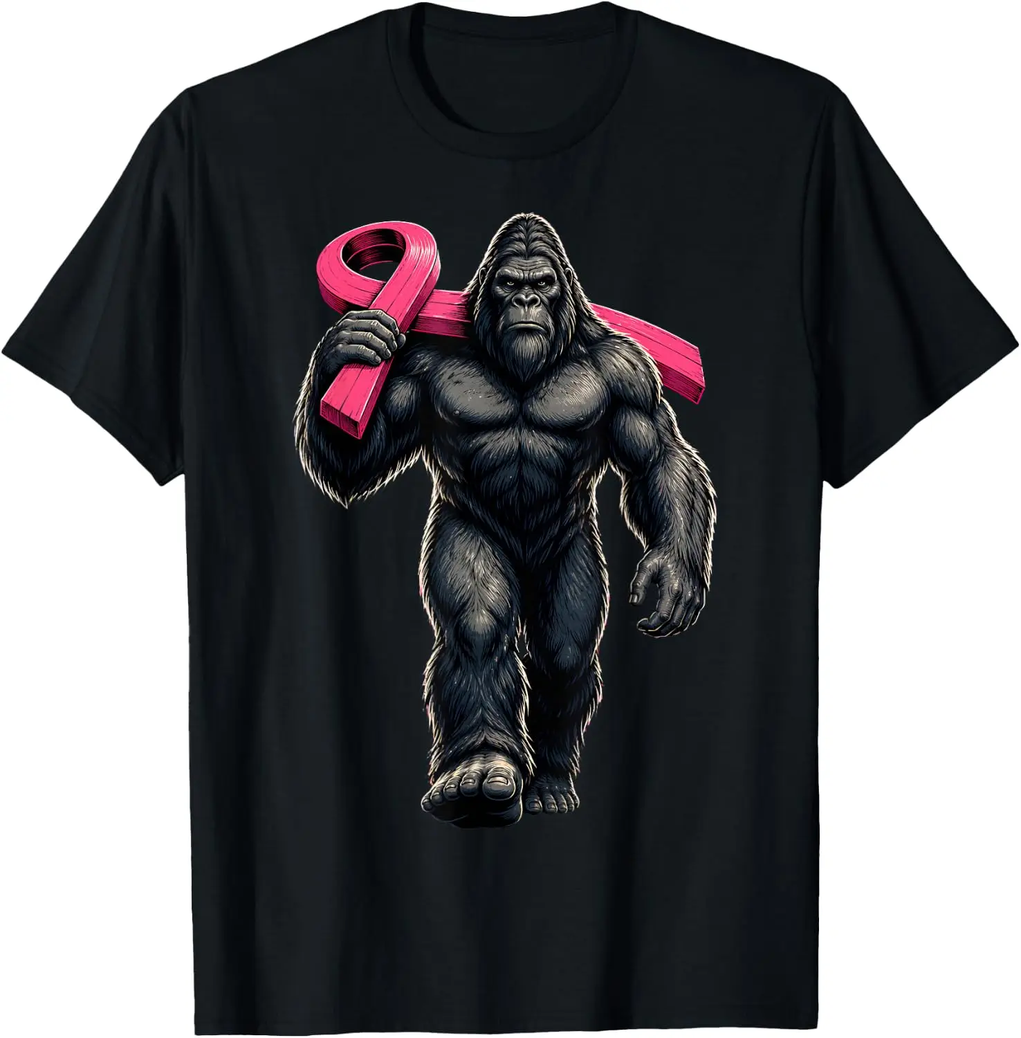 Bigfoot Carrying Pink Ribbon Breast Cancer Awareness Men T-Shirt Premium heavyweight pure cotton—stylish, versatile, and unisex; a perfect Christmas gift suitable for year-round wear.
