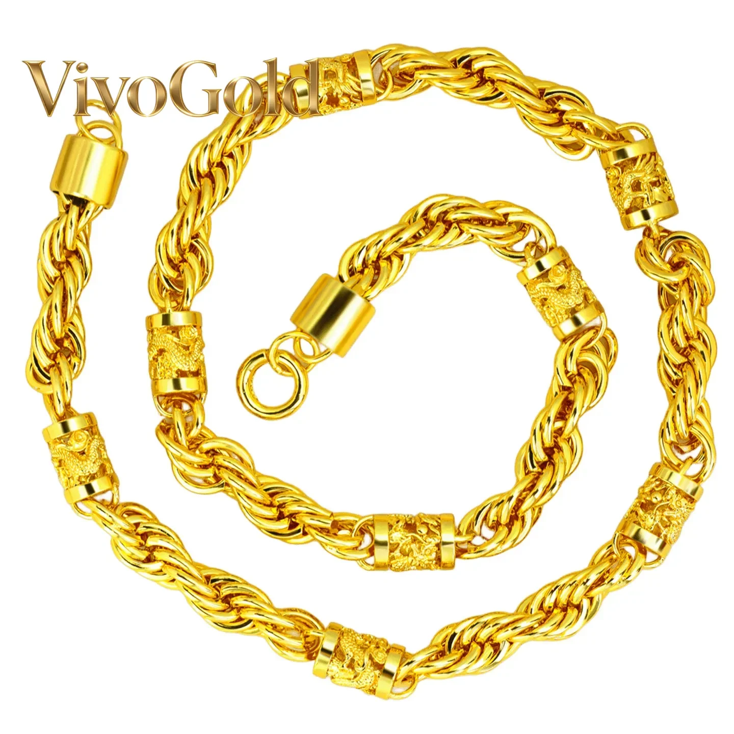 

VivoGold 9999 24K real gold 10mm twist hollow dragon pillar necklace men's trendy and atmospheric necklace for wedding preparati