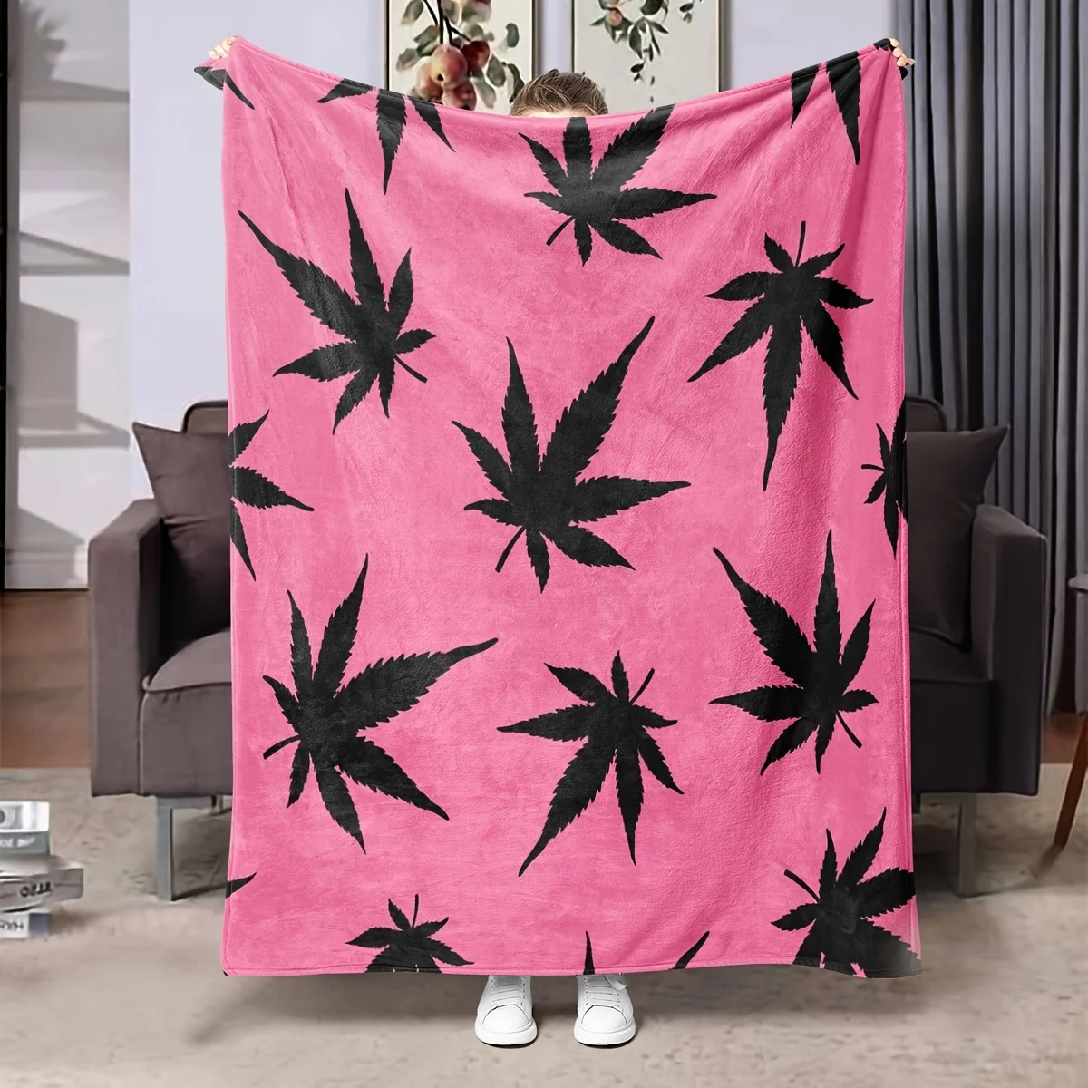 Fashion Black Maple Leaf On Pink Warm Fleece Blanket Soft Plush For Couch Bedroom Travel Camping All Season Coldproof Use