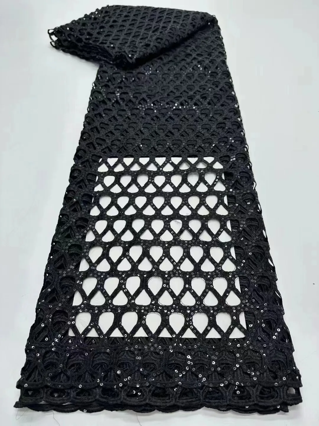 

Black Water Soluble Guipure Cord Lace Quality African Sequins Lace Fabric New Arrival High Nigerian For Wedding Party Sewin