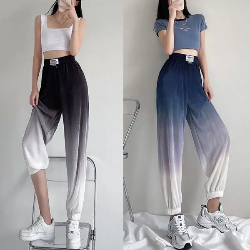2024 Summer Casual Loose Plus Oversize Fashion High Waist Tie Dye Gradient Print Drop Ice Silk Tie Feet Sports Pants for Women