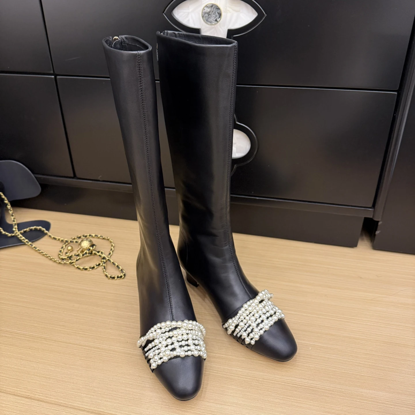 

New Hot Sale Square heel Pearl decoration Knee-high boots for women Luxe-Design Women's high boots Cowhide leather Size 34-41