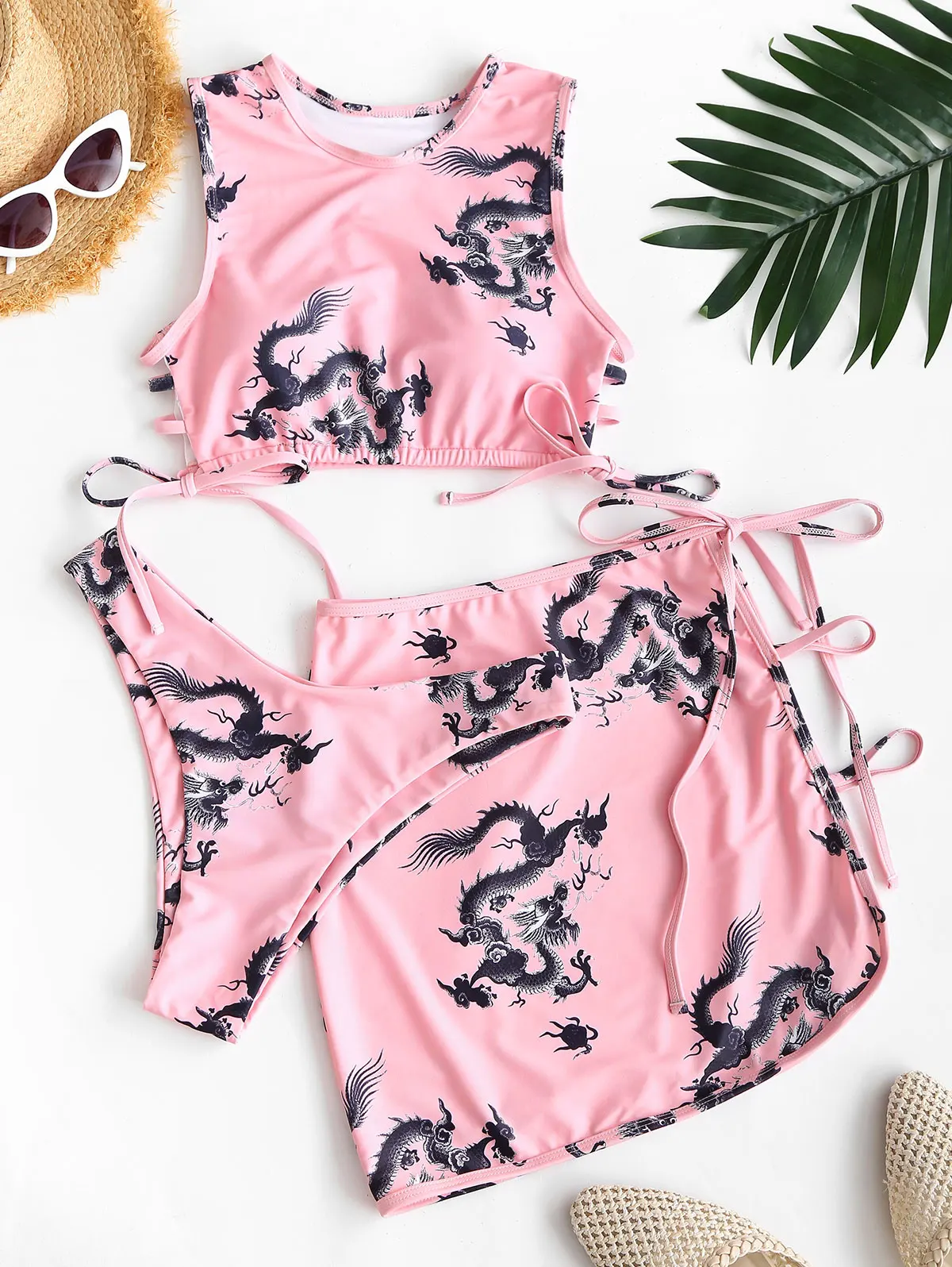 ZAFUL Chinese Dragon Print Side Tie Ladder Cutout Three Piece Swimsuit