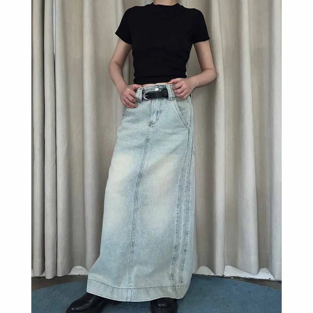 

American Retro Washed A-line Long Skirt for Women Spring New Fashion Mid Length Causal Slim High Waist Wrap Hip Denim Skirt