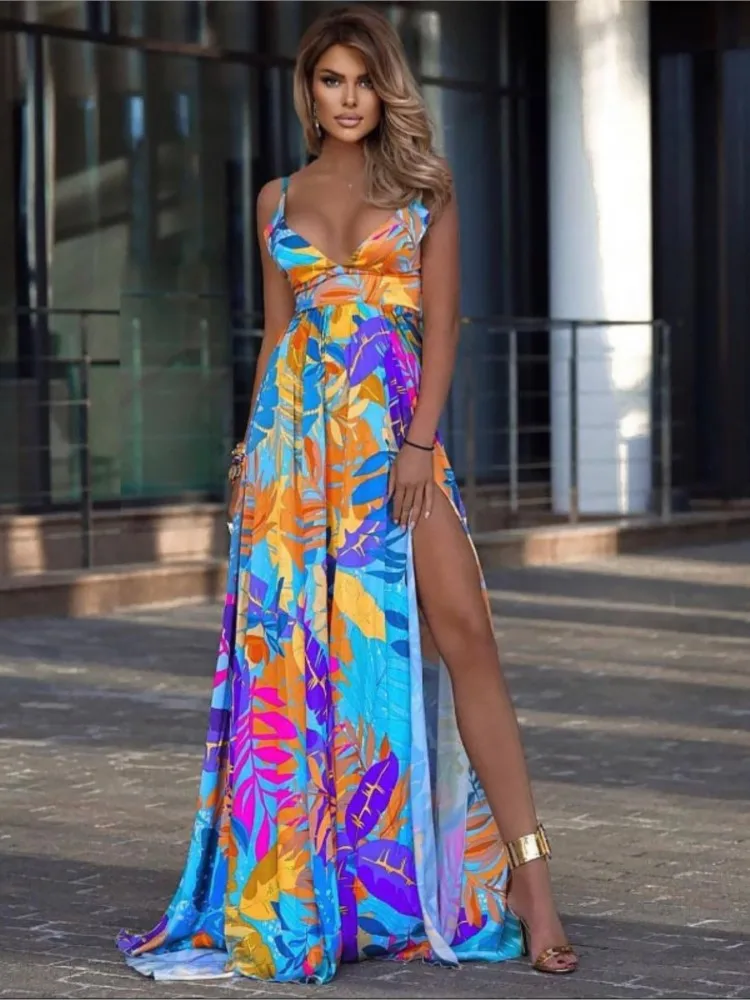 Color Print Spaghetti Strap Long Dresses Women Sexy Deep V-neck Backless Slit Dress Fashion Bohemian Beach Vacation Maxi Vestido