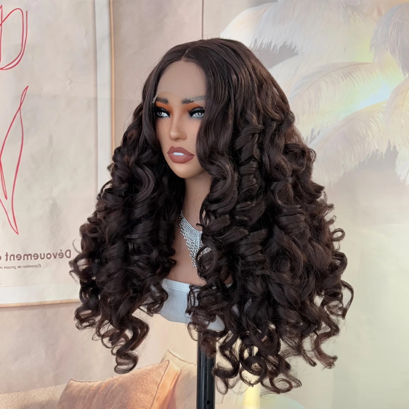 22-inch 13x4x1 Synthetic Center Part Heat-Sensitive Hair Weft with Elastic Curls, Suitable for Women, Brown for Daily Use